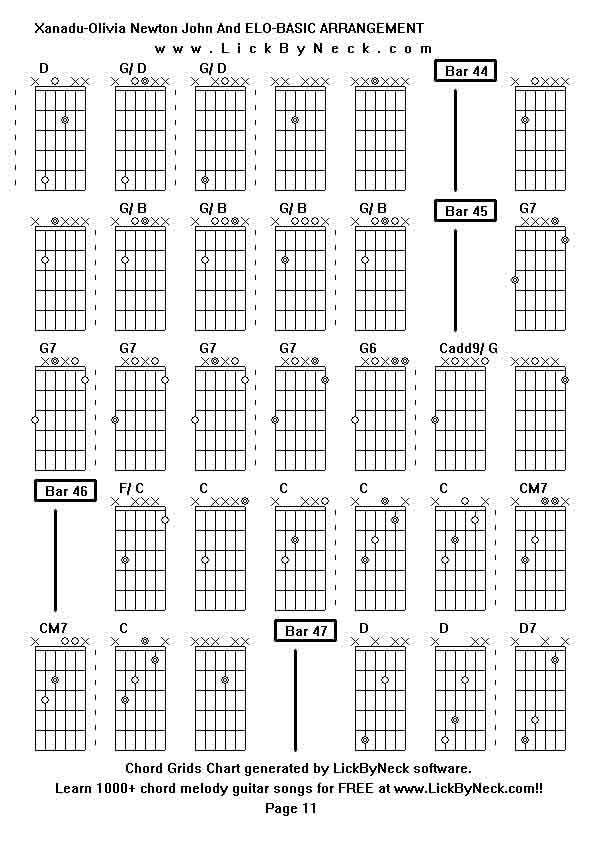 Chord Grids Chart of chord melody fingerstyle guitar song-Xanadu-Olivia Newton John And ELO-BASIC ARRANGEMENT,generated by LickByNeck software.